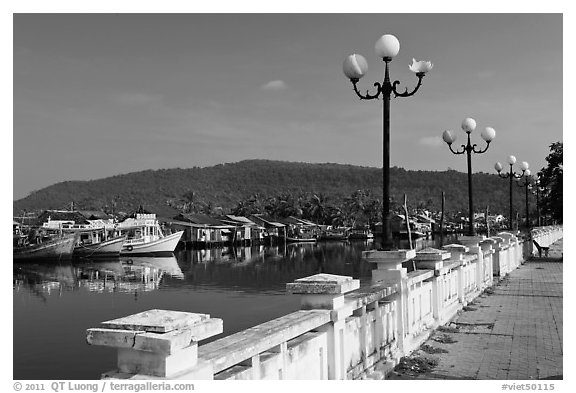 Quays of Duong Dong River, Duong Dong. Phu Quoc Island, Vietnam (black and white)