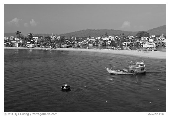 Basket boat, fishing boat, and beach, Duong Dong. Phu Quoc Island, Vietnam (black and white)