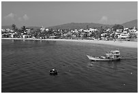 Basket boat, fishing boat, and beach, Duong Dong. Phu Quoc Island, Vietnam (black and white)