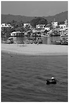 Basket boat, beach and harbor, Duong Dong. Phu Quoc Island, Vietnam ( black and white)
