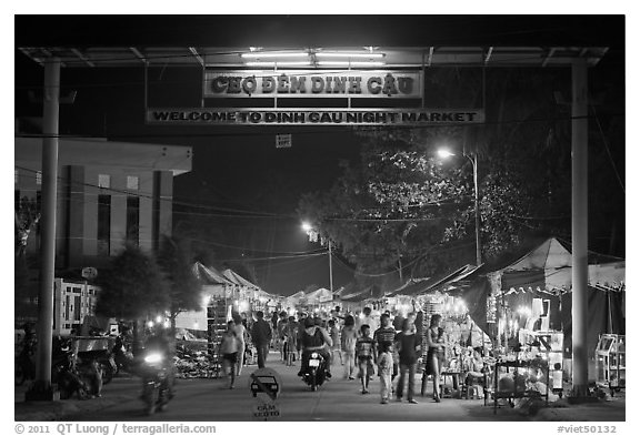 Dinh Cau Night Market entrance. Phu Quoc Island, Vietnam (black and white)