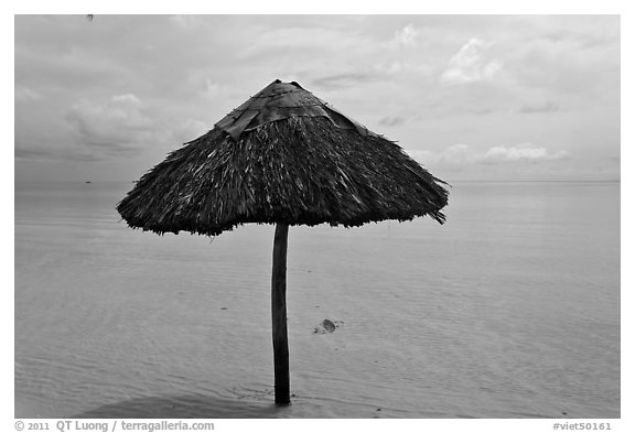Sun shade in shallow beach water. Phu Quoc Island, Vietnam (black and white)