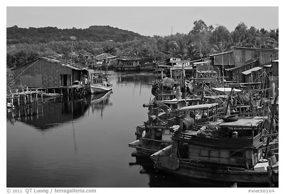 River lined up with fishing boats. Phu Quoc Island, Vietnam