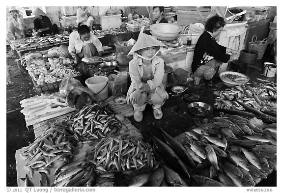 Women fishmongers, Duong Dong. Phu Quoc Island, Vietnam (black and white)