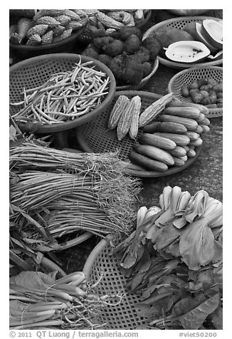 Close-up of vegetable in baskets, Duong Dong. Phu Quoc Island, Vietnam (black and white)