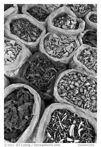 Close-up of dried foods in bags, Duong Dong. Phu Quoc Island, Vietnam (black and white)