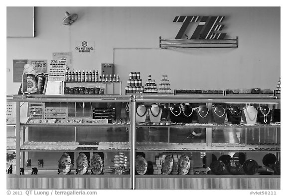 Fish Sauce and pearls for sale at the airport, Duong Dong. Phu Quoc Island, Vietnam (black and white)