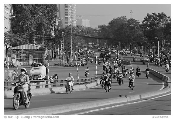 Morning traffic along Saigon river. Ho Chi Minh City, Vietnam (black and white)