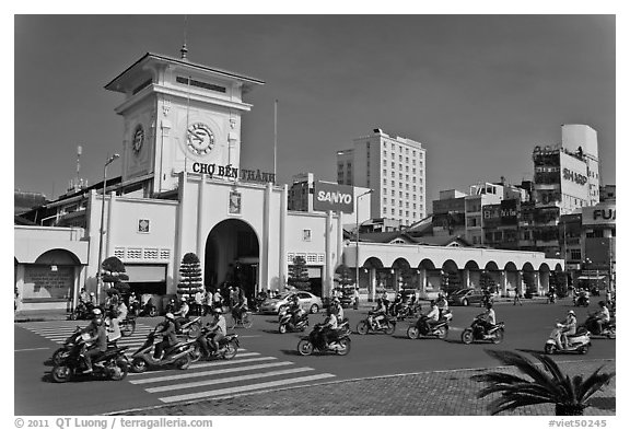 Eastern Gate, Ben Thanh Market, morning. Ho Chi Minh City, Vietnam (black and white)