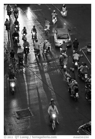 Intersection at night seen from above. Ho Chi Minh City, Vietnam (black and white)
