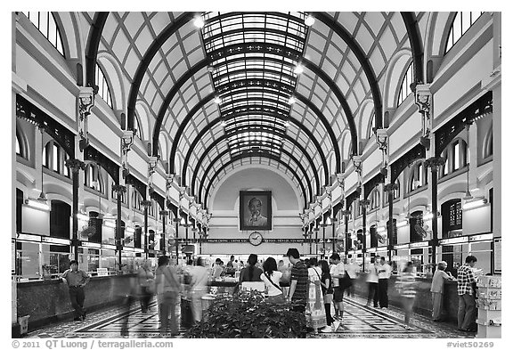 Interior of Central Post Office. Ho Chi Minh City, Vietnam (black and white)