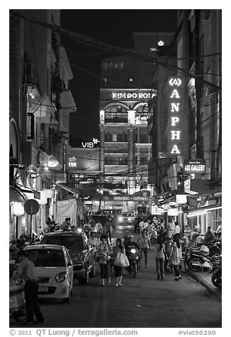 Shopping streetat night. Ho Chi Minh City, Vietnam (black and white)