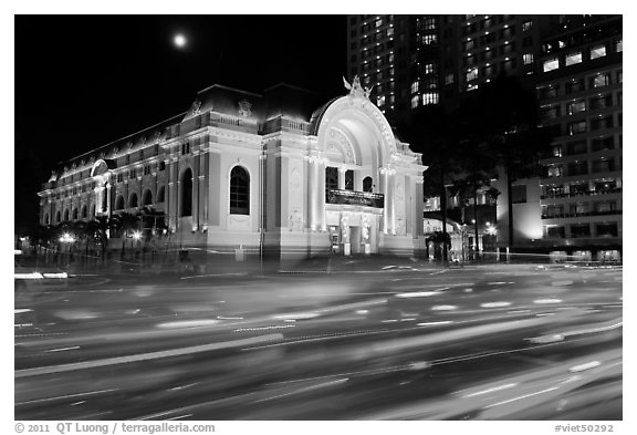 Light trails and Municipal Theater at night. Ho Chi Minh City, Vietnam