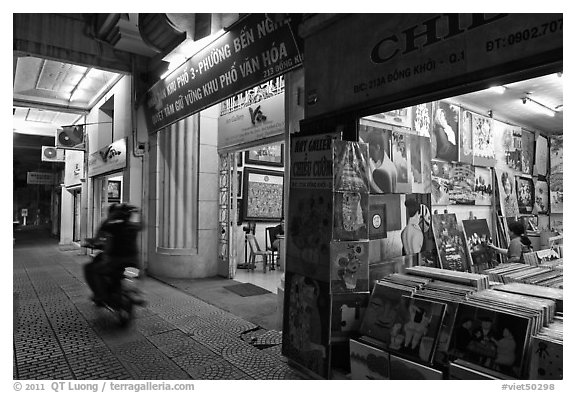 Art galleries at night. Ho Chi Minh City, Vietnam (black and white)
