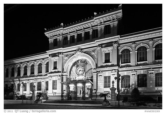 Central Post Office facade at night. Ho Chi Minh City, Vietnam