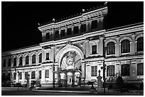 Central Post Office facade at night. Ho Chi Minh City, Vietnam (black and white)