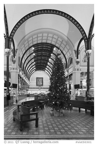 Christmas tree in Central Post Office. Ho Chi Minh City, Vietnam (black and white)