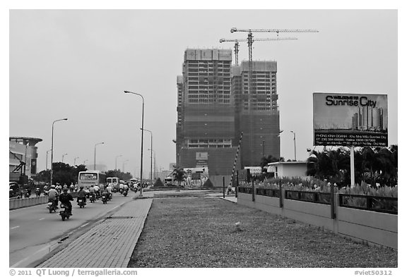 High rise buidings in construction, Phu My Hung, district 7. Ho Chi Minh City, Vietnam (black and white)