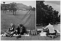 Students, food vendor, and landscape backdrops. Ho Chi Minh City, Vietnam ( black and white)