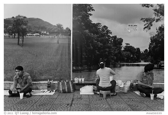 Male students, female food vendor, and landscapes. Ho Chi Minh City, Vietnam (black and white)