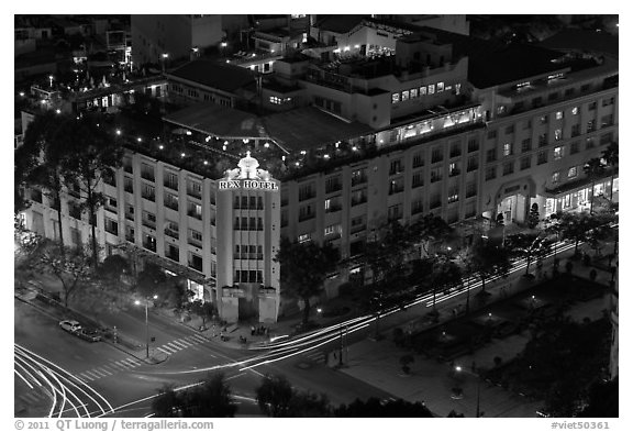 Rex Hotel seen from above, dusk. Ho Chi Minh City, Vietnam (black and white)
