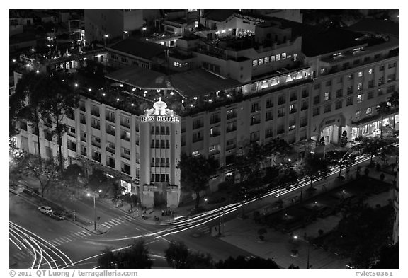 Rex Hotel seen from above, dusk. Ho Chi Minh City, Vietnam (black and white)