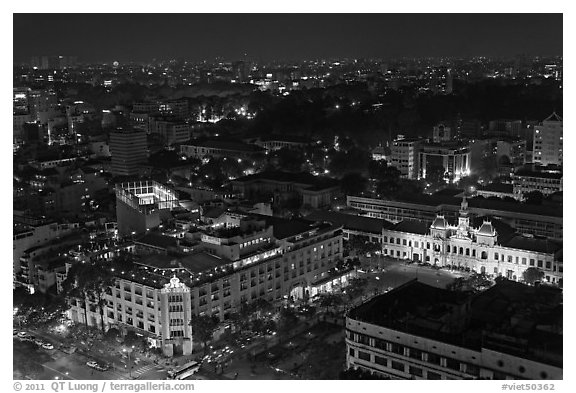 Peoples Committee building and Rex Hotel at night. Ho Chi Minh City, Vietnam