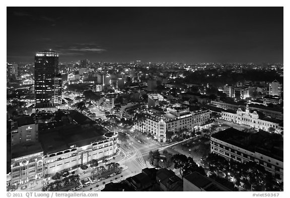 Saigon center at night from above. Ho Chi Minh City, Vietnam (black and white)