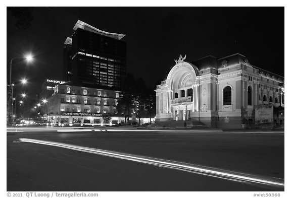 Opera House and Hotel Continental at night. Ho Chi Minh City, Vietnam (black and white)