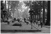 People strolling in alley below tall trees, Cong Vien Van Hoa Park. Ho Chi Minh City, Vietnam ( black and white)