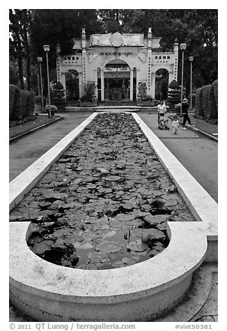 Waterlilly basin and temple gate, Cong Vien Van Hoa Park. Ho Chi Minh City, Vietnam (black and white)