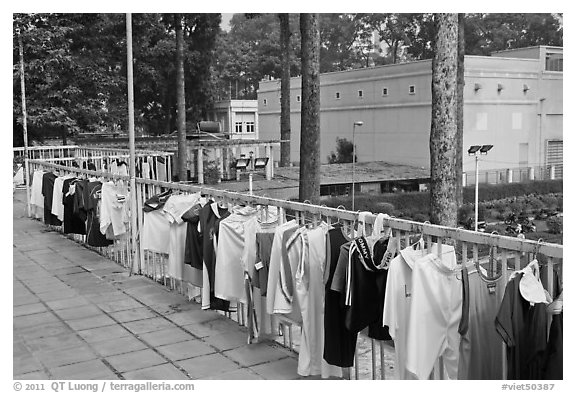 Sports jerseys being dried, Cong Vien Van Hoa Park. Ho Chi Minh City, Vietnam (black and white)