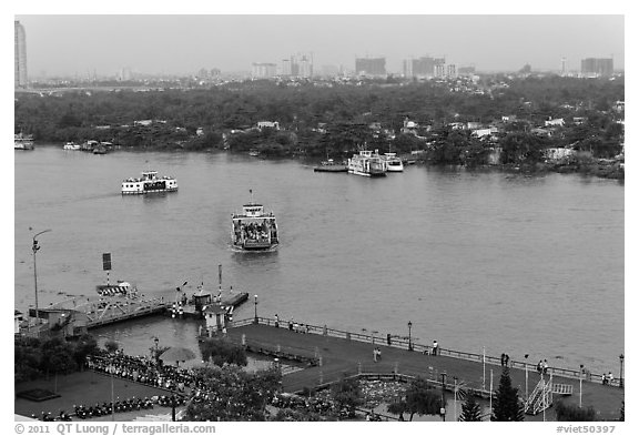 Ferry crossing the Saigon River. Ho Chi Minh City, Vietnam (black and white)