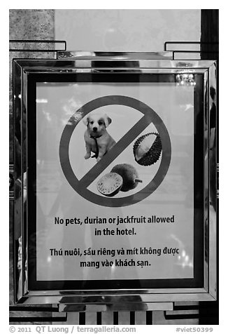 Hotel sign prohibiting smelly tropical fruits. Ho Chi Minh City, Vietnam (black and white)