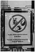 Hotel sign prohibiting smelly tropical fruits. Ho Chi Minh City, Vietnam ( black and white)
