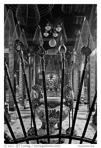 Main room, Phuoc An Hoi Quan Pagoda. Cholon, District 5, Ho Chi Minh City, Vietnam (black and white)