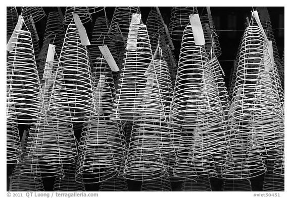 Hanging incense coils, Thien Hau Pagoda, district 5. Cholon, District 5, Ho Chi Minh City, Vietnam (black and white)