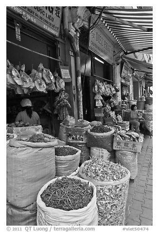 Shops selling traditional medicinal herbs. Cholon, Ho Chi Minh City, Vietnam (black and white)