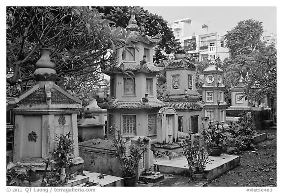 Cemetery, Giac Lam Pagoda, Tan Binh District. Ho Chi Minh City, Vietnam (black and white)