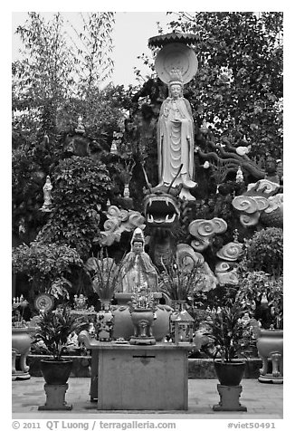 Statues and fountain, Giac Lam Pagoda, Tan Binh District. Ho Chi Minh City, Vietnam (black and white)