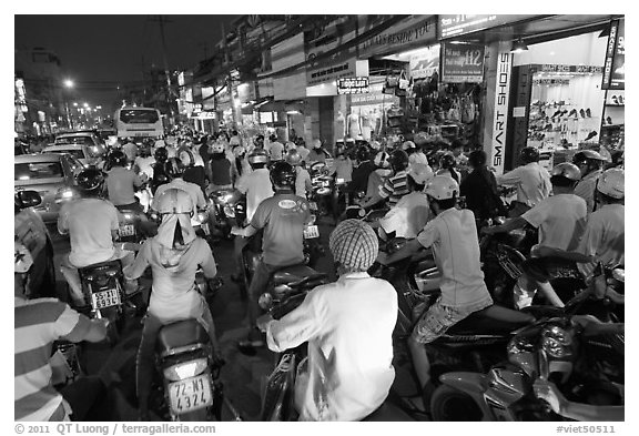Traffic jam at rush hour. Ho Chi Minh City, Vietnam (black and white)