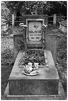 Tomb with fruit and refreshments offering. Ben Tre, Vietnam (black and white)