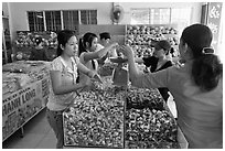 Women weighting coconut candy in retail store. Ben Tre, Vietnam (black and white)