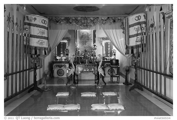 Prayer room, Saigon Caodai temple, district 5. Ho Chi Minh City, Vietnam (black and white)