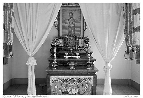 Yellow curtains, Altar, Saigon Caodai temple, district 5. Ho Chi Minh City, Vietnam (black and white)