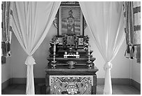 Yellow curtains, Altar, Saigon Caodai temple, district 5. Ho Chi Minh City, Vietnam ( black and white)