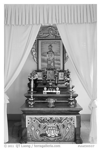 Altar, Saigon Caodai temple, district 5. Ho Chi Minh City, Vietnam (black and white)