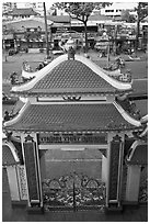 Exterior gate and street from above, Saigon Caodai temple, district 5. Ho Chi Minh City, Vietnam (black and white)