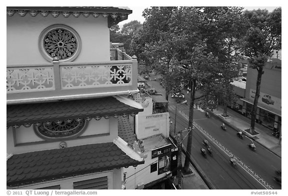 Front tower and street, Saigon Caodai temple, district 5. Ho Chi Minh City, Vietnam
