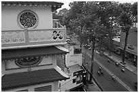 Front tower and street, Saigon Caodai temple, district 5. Ho Chi Minh City, Vietnam (black and white)